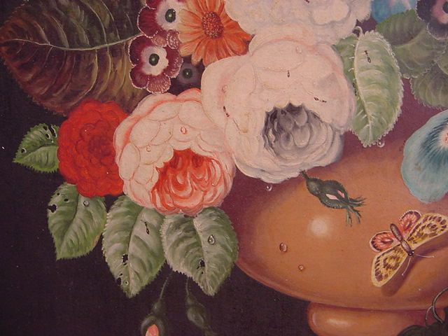 Pair 1800s O/C Still Life JAN van KARNER Flowers & Bugs  