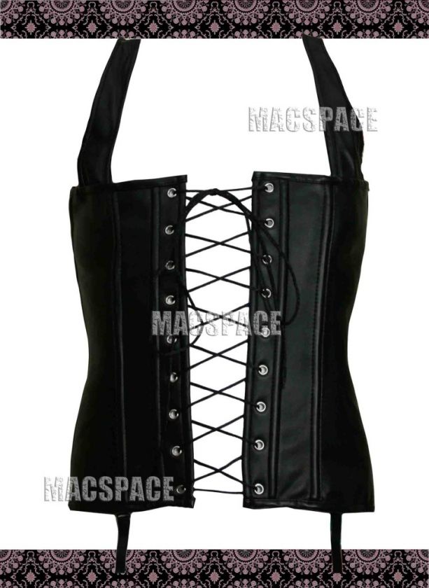 Black Faux Leather Lace Up Zipper Basque Corset S  