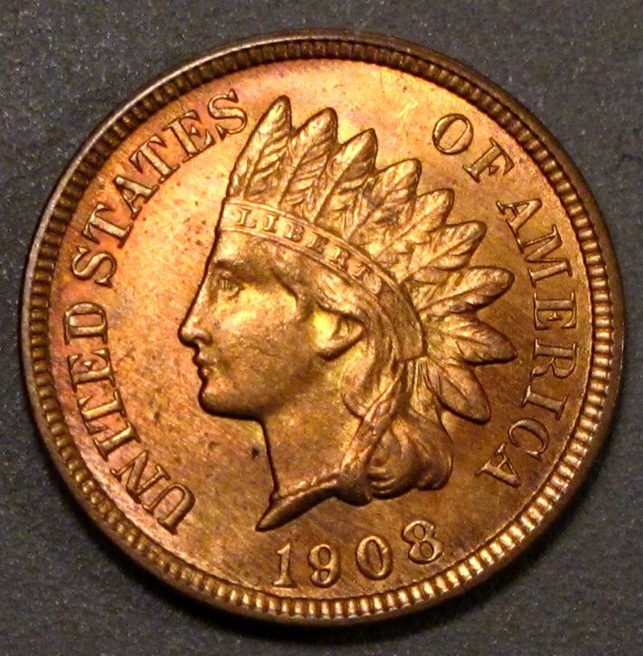 1908 S INDIAN CENT RED GEM BU  