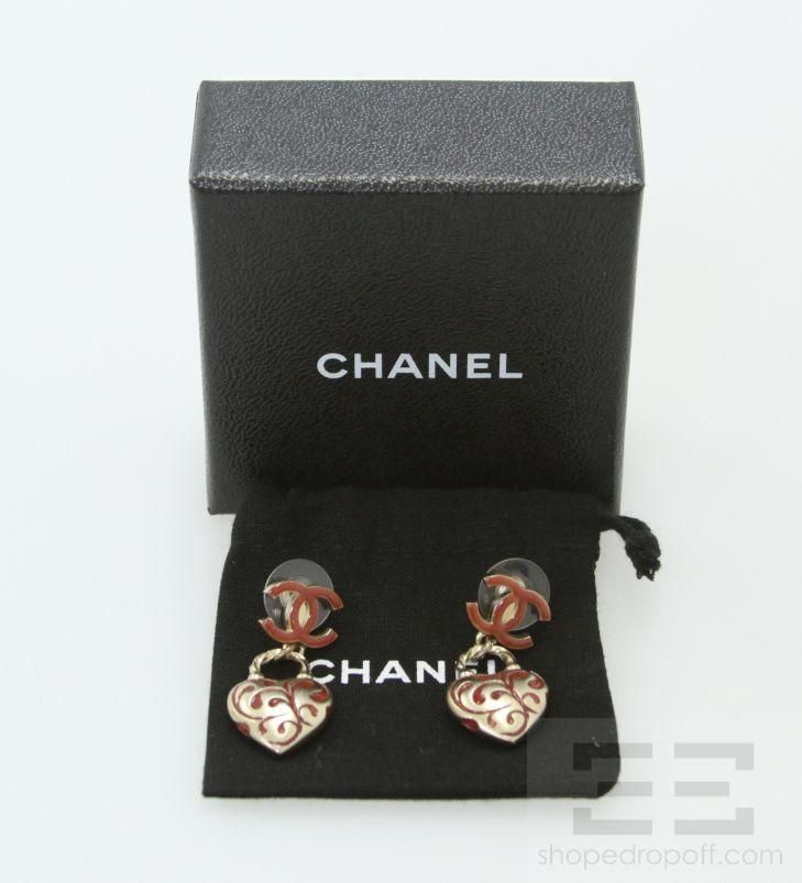 Chanel Pale Gold & Red Monogram Heart Drop Earrings 09A  