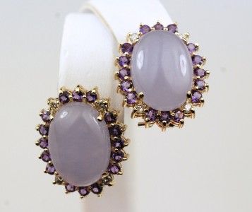 14K LARGE LAVENDER JADE, AMETHYSTS & DIAMOND OMEGA BACK EARRINGS 