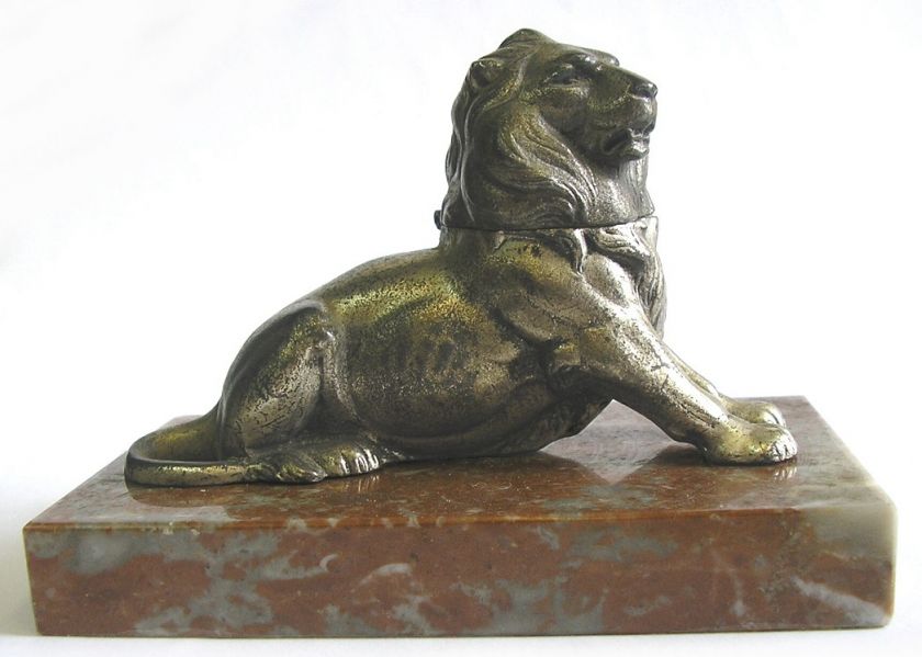 BELFORT LION INKWELL STATUE FRANCE METAL ON MARBLE 1950  