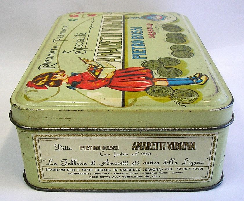 TOLEWARE LITHOGRAPHY TIN BOX AMARETTI VIRGINIA PIETRO ROSSI LIGURIA 