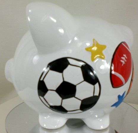 Personalized Childs Large Piggy Bank Sports Bank Soccer, Baseball 