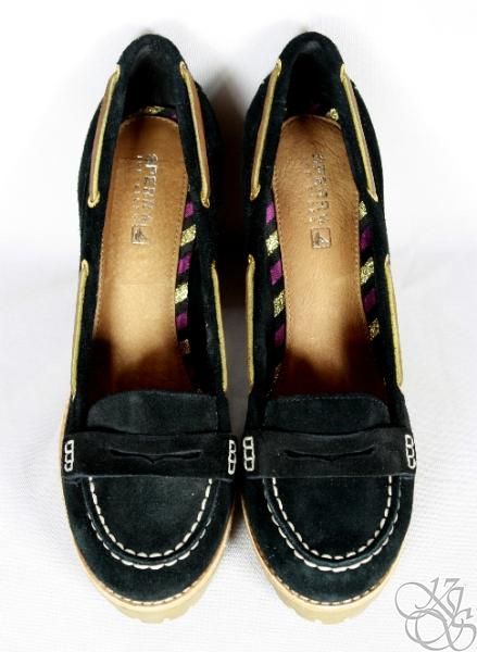 SPERRY Top Sider Darlington Black Suede Heels Loafers Womens Shoes New 