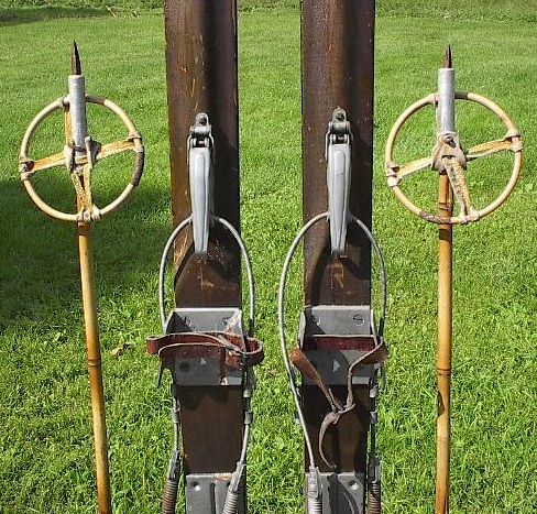 VINTAGE Wooden Skis 76 Long + OLD Bamboo Poles ANTIQUE  