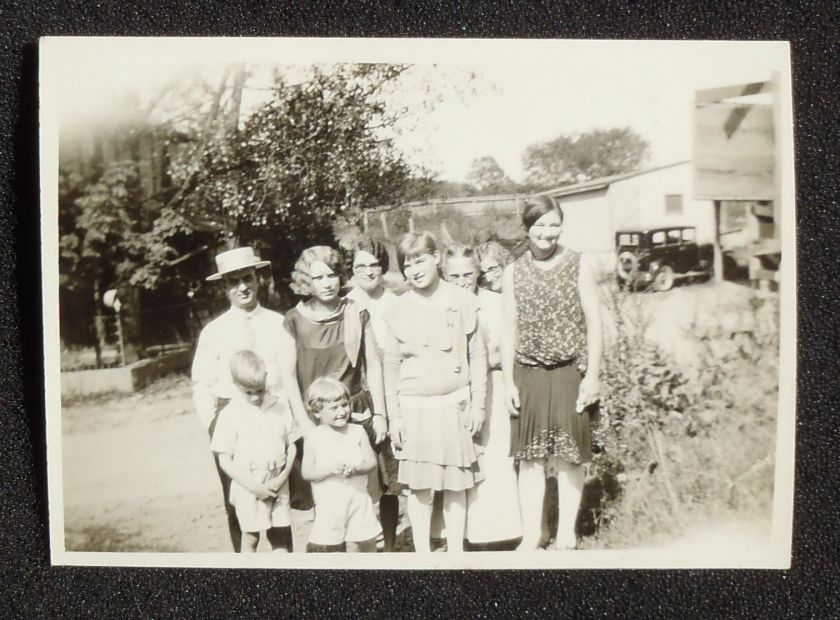 1930s Snapshot Photo Group of People Girls Old Car Man in Straw Hat 