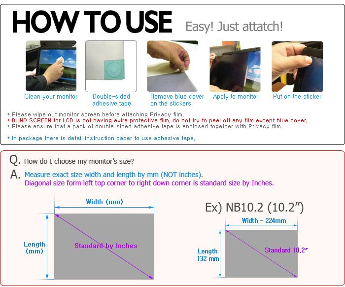   Size Table for BLIND SCREEN   Compare exact width & length size by mm