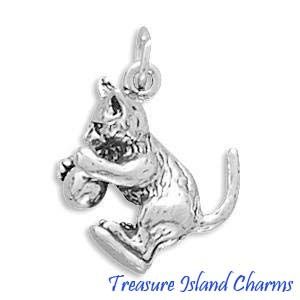 KITTEN CAT PLAYING w YARN BALL 3D Sterling Silver Charm  