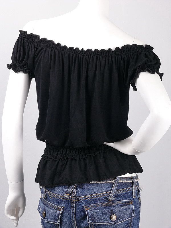 Peasant Black Off Shoulder Smocked Short Sleeve Top S M  