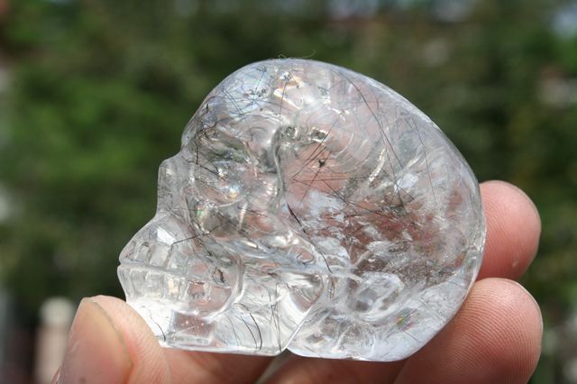 Rare black Tourmaline Quartz Rock Crystal Skull Carving，rainbows 