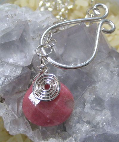 Rhodonite Lariat Silver Wire Wrap Chain Necklace  