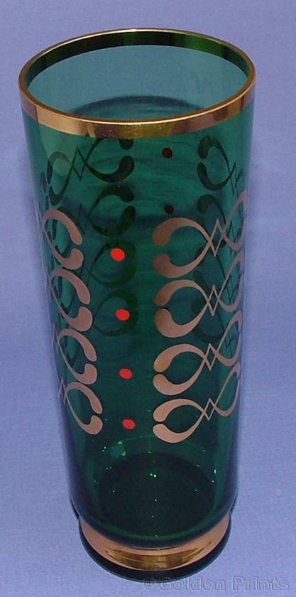 Vintage Retro Tall Green Glass Vase Gold Detail 60s 70s  