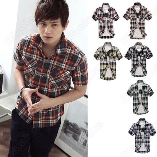 Mens Slim Fit Casual T Shirt Plaid Check Dress Short Sleeve Vintage 