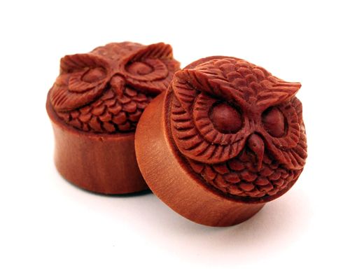 Pair of Sono Wood OWL Face Plugs set gauges PICK SIZE organic  