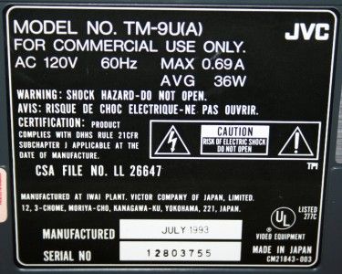 JVC TM 9U 9 COLOR VIDEO MONITOR S/N 3755  