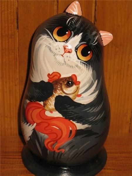 Russian small Doll BLACK CAT MOUSE Artist Makarova hand painted 