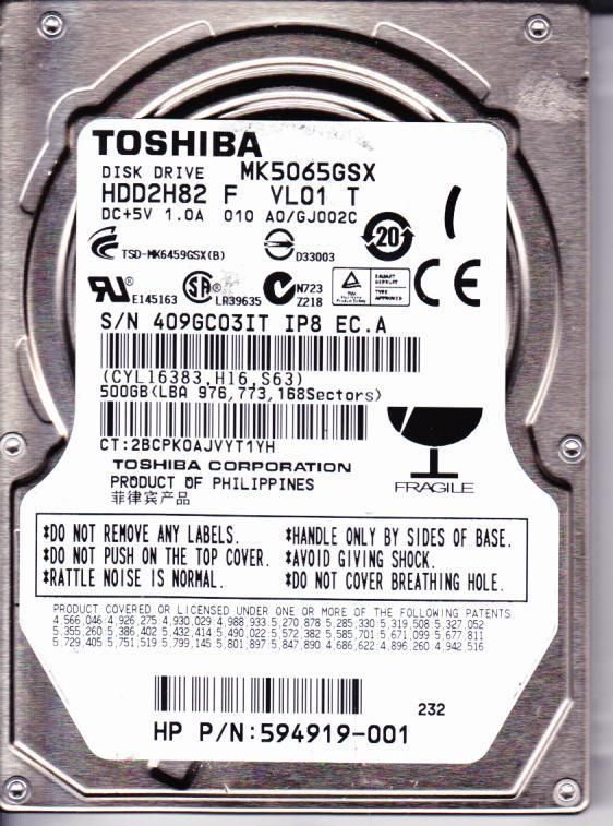 Toshiba 500GB MK5065GSX, HDD2H82 F VL01 T, SATA 2.5 Hard Drive  