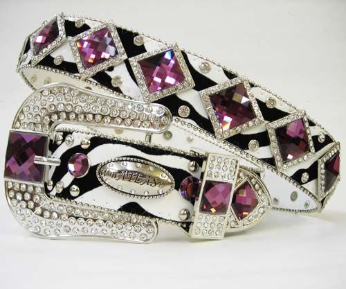   purple zebra rhinestone belt with full prism cut glass stone conchos