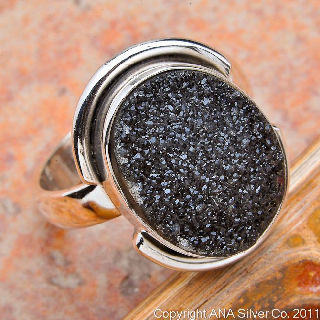 BLACK DRUZY .925 SILVER RING SIZE 8  