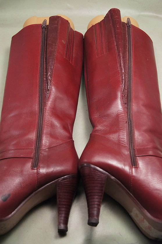 Vintage Heel Burgundy Leather 7 M Womens Knee High Boots  16 Calf 