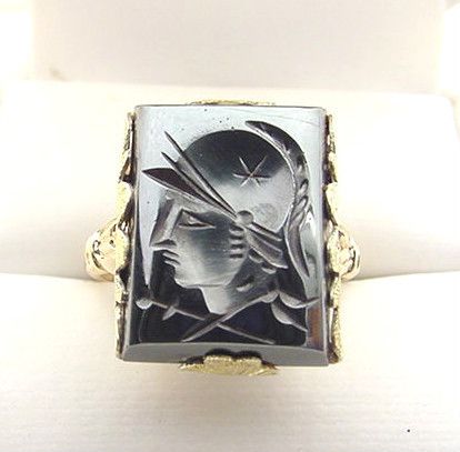 HEMATITE INTAGLIO c1930s 10K YELLOW & GREEN GOLD RING  