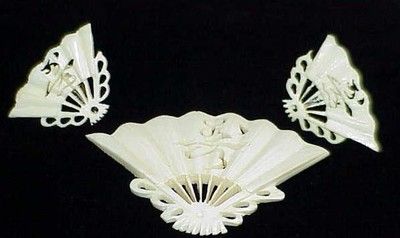 Vintage Asian Carved Fan Brooch Pin Earrings Set Sterling Bone Art 