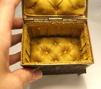 Old French Victorian Jewelry Box Casket Gilt Antique Gothic Faces Silk 