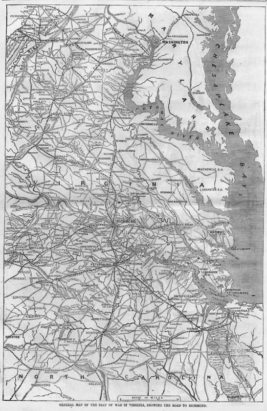 CIVIL WAR MAP, SEAT OF WAR IN VIRGINIA ROAD TO RICHMOND  