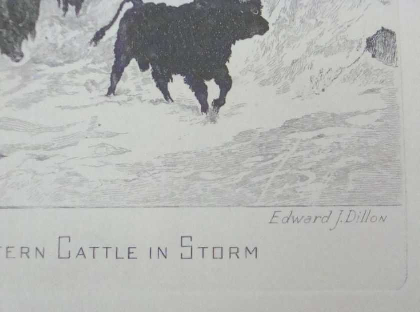 Western Cattle in the Storm Die Engraving, E. Dillon  