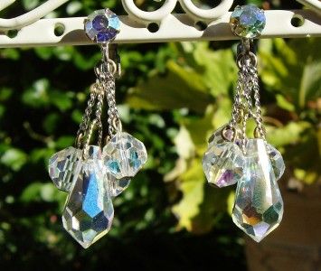 Vintage Aurora Borealis Crystal Dangle Clip Earrings  