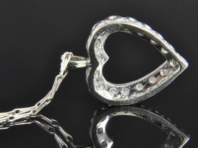   Vintage 14K White Gold Diamond Open Heart Charm Pendant Chain Necklace