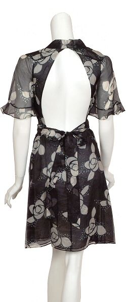   Feminine Floral Black Silk Organza Wrap Cocktail Eve Dress 4 NEW