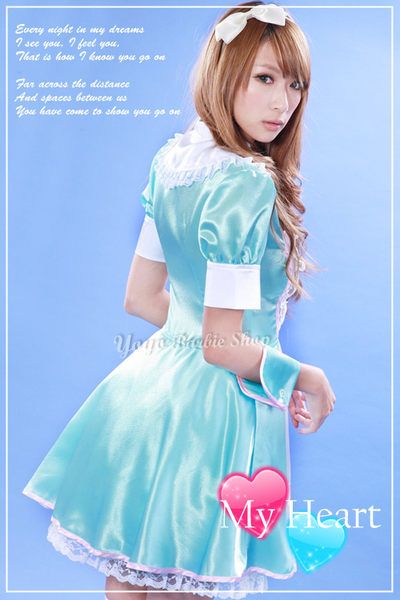 Japan Alice Wonderland Blue Maid Cosplay Dress Outfit  