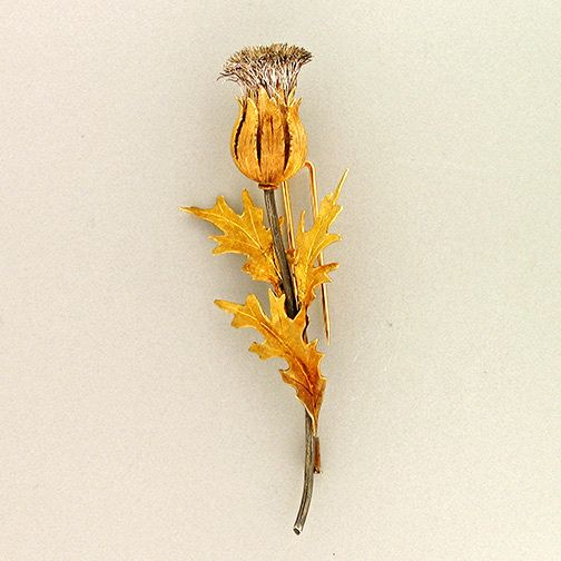   BUCCELLATI NATURAL PATINA 18K YELLOW GOLD LEAVES & SILVER THISTLE PIN