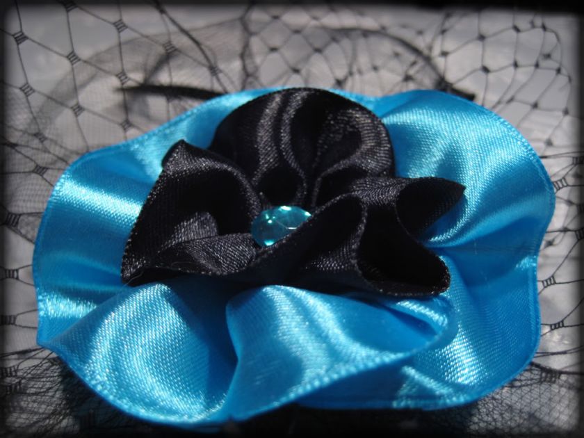 Burlesque AQUA BLUE & Black Satin Hair Clip Fascinator  