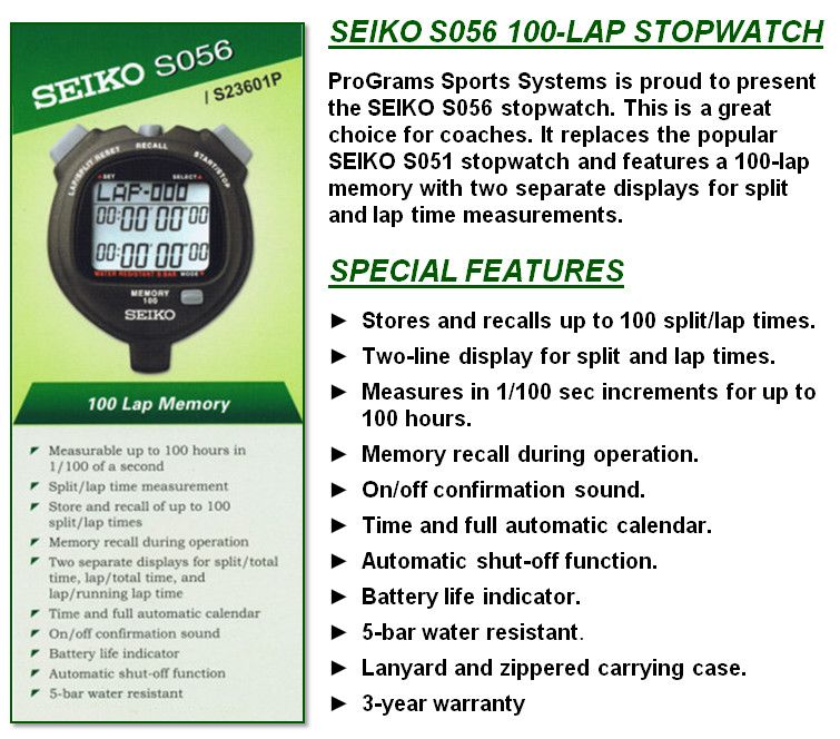 NEW SEIKO S056 BLACK 100 Lap Memory Stopwatch  