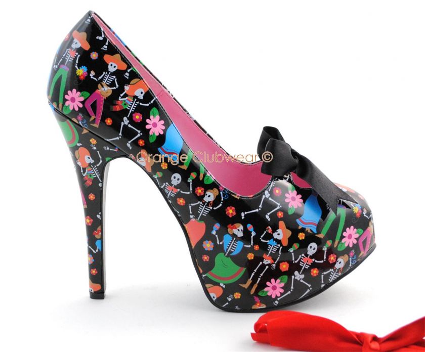 PINUP Dia De Los Muertos Skeleton Pumps Womens Sexy High Heels 