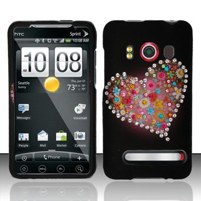 for Sprint HTC EVO 4G   Flower Heart Spot Bling Cubics Hard Case Phone 