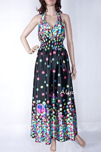   Halter Spot Floral Print Satin Maxi Long Dress Size for 10 12 M L
