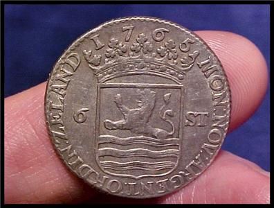 1765 NETHERLANDS SILVER 6 STUIVER SHIP COIN   GRADE  