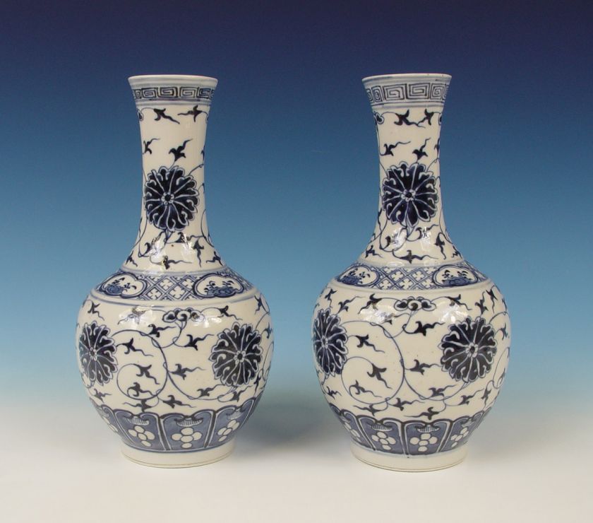   Pair Chinese Porcelain Bottle Vases 19th C. Kangxi Mark  