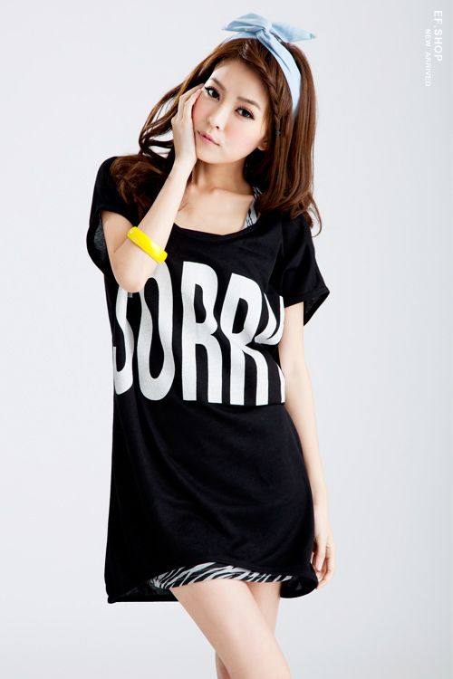 New Japan Simple Cute SORRY Black Oversized Punk Graphic Long Top Tee 