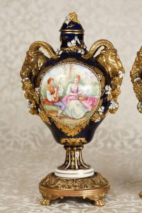 Pair Sevres Porcelain Rams Head Vases Urns Floral  