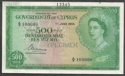 BRITISH CYPRUS 1955 500 MILS SPECIMEN QE II P 34s  