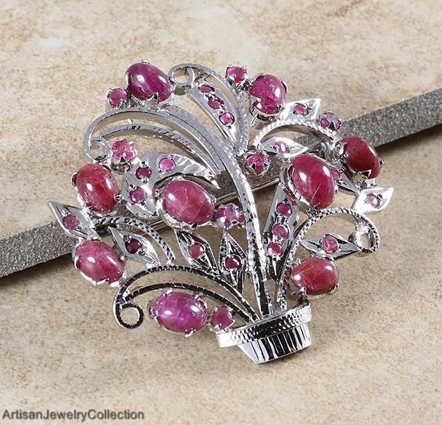 RUBY & RHODIUM PLATED .925 Silver BROOCH PENDANT  