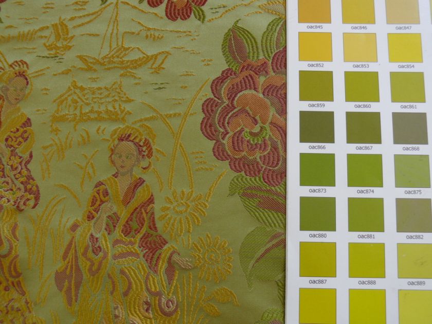 100%SILK LAMPAS MADAME BUTTERFLY JAPANESE FLORA GREEN  