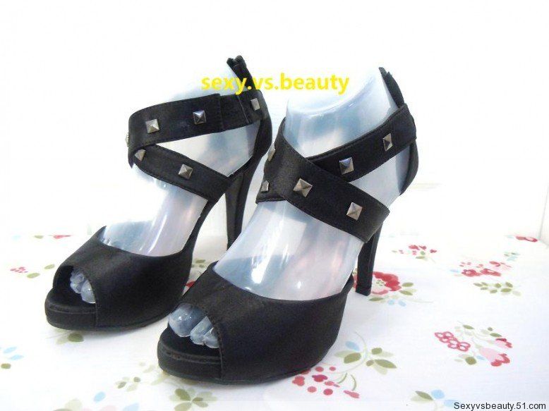 S23blk Satin Studded Punk Platform Spike Heels au4~8.5  