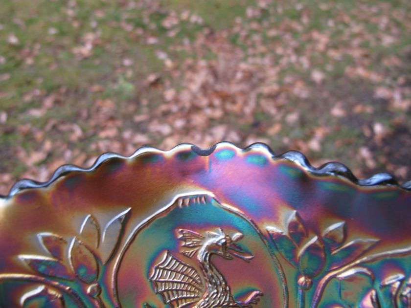 Antique DRAGON & LOTUS FENTON Carnival Glass Bowl GREEN IRIDESCENT 