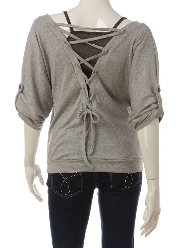 2PCS FOLD SLEEVE TOP + CAMI S GRAY  